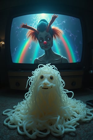 A lone, centered white noodle beast gazes up at a fish-eye lens, its twisted features distorted by the unconventional perspective. In the background, an upside-down alien face with feathered clown horns and strings attached to a mannequin puppet stares back, surrounded by a vibrant prismatic rainbow that crackles with electric energy. The nightmare scenario unfolds on a TV screen in the dark, claustrophobic room, where a terrifying evil deepens into a dreadful disaster of apocalyptic horror. Framed in extreme high definition (4k/8k) detail, every quiver and ripple of the noodle beast's surface seems to pulse with life, as if it might spring forth from the screen at any moment.