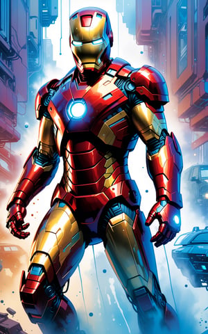 Iron Man, urban Comics, blue ornaments, Marvel, sci fi, highly technology, iconographic, glitch background, , watercolor, ink, mist, interactive image, highly detailed, art style by Clayton Crain + Ross Tran + Rachel Walpole + Jeszika Le Vye + Dan Volbert + Simon Stalenhag + Brian Stelfreeze