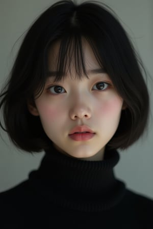 Raw photo. Sacred. Beloved. Pure, innocent, pure, 32 years old. Tattoo. Photorealistic portrait of a cute and pure Japanese girl with black bob hair. Kind. Emphasizing her innocence. She is wearing a black turtleneck sweater, which brings her features and facial expression into focus. The lighting is soft and natural, perfectly capturing her cuteness and purity without the distraction of the background. High resolution photo, soft focus lens, natural light, close-up composition, minimalist approach, attention to the texture and details of the sweater, highlighting her purity and innocence.