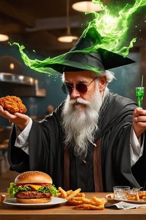 old man\(wearing wizard robe, long white beard, wizard hat, wearing sun glasses, side view), releasing magical green energy, (salad, fried chicken, burger meat and soda with ice are flying in the air), background(fast food restaurant kitchen indoor, fast food employees shoked), (masterpiece, highres, high quality:1.2), ambient occlusion, low saturation, High detailed, Detailedface, (shot from distance), intricate details, dreamlike, concept art, illustration, highly detailed, splash art, artbook, beautiful image, fantasy, realistic