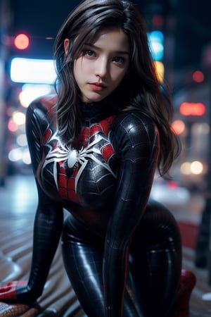 woman with long brown hair and brown eyes, medium breasts, role-playing as Spider-Man, wearing a black tight suit, 
 more_than_one_pose, realistic photo, wide-angle lens, high quality, high resolution, high precision, UHD: 1.3, 4K rendering, face focus, the background is stunning, with depth of field effect