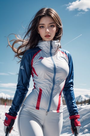 Girl, long hair, looking at viewer, brown hair, brown eyes,  medium breasts, parted lips, realistic, She is wearing a stylish, form-fitting ski suit. The action is dynamic and full of energy, set against a backdrop of clear, sunny weather featuring a blue sky dotted with a few white clouds. film grain, shot in fantasic sunlight public park,(cowboy shot:1.2)