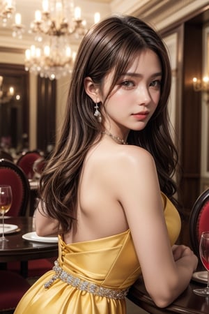 Girl, long hair, looking at viewer, brown hair, brown eyes,  medium breasts, small smile, realistic
Draw a picture of a woman wearing a yellow sexy evening dress, attending a hotel banquet, wearing a sparkling and expensive necklace and earrings, facing away from the camera, with a rich background, with reporters, guests, wine glasses on the round table, crystal chandeliers on the ceiling, depth of field effect, realistic photo, and macro lens.
High quality, high resolution, high accuracy, UHD: 1.3, 4K high resolution rendering, medium Shot, face focus.