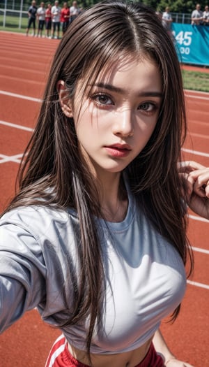 (Feature)Girl, long hair, looking at viewer, brown hair, brown eyes,  medium breasts, parted lips, realistic, PureErosFace_V1,heavy eye makeup.
(Clothes)White sportswear, red sweatpants, red sneakers.
(Behavior)High jump competition
(Background)Track and field, multiple people watch
(Quality)High quality, high resolution, high accuracy, UHD: 1.3, 4K high resolution rendering, long shot, face focus.