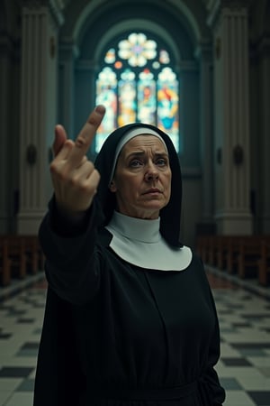 A stern-faced nun, with her hair tucked neatly under a white habit and a black veil, stands in the dimly lit interior of a grand cathedral. The cathedral's stained glass windows cast a kaleidoscope of colored light onto the marble floors, creating a somber yet sacred atmosphere. The nun's skin is pale and her expression is intense, her eyes filled with a mixture of defiance and determination. She raises her right hand, extending her middlefinger in a shocking display of rebellion. The gesture stands in stark contrast to the holy surroundings, adding an element of tension and surprise. The cinematography evokes a sense of stillness and reverence, with a shallow depth of field emphasizing the nun's figure and muting the ornate architecture of the cathedral in the background. The scene is reminiscent of the visual style of director, Carlos Reygadas, with a naturalistic approach to lighting, capturing the subtle play of shadows and light within the space. The image exhibits a subtle film grain, with a cool color grading that enhances the somber mood, and a slight vignette that frames the nun in the center of the frame.