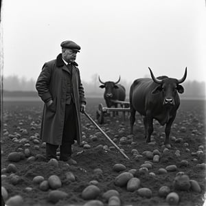 Generate a photograph of Vladimir Lenin ploughing a potato field in rural Siberia, 1930s, Soviet Russia. Depict Lenin wearing historically accurate clothing, including a newsboy cap and a worn leather jacket. The scene should be set in a vast, open field with a rustic wooden plough and oxen. Incorporate a sense of ambiance with a misty, overcast sky and a hint of autumn foliage. Ensure the image is chronologically correct, with no anachronisms. Style the image as a black and white photograph, reminiscent of the era's documentary photography.