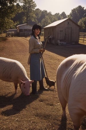 Hires, masterpiece, American, propaganda, WW2, poster, 1girl, (yor briar), black hair, sideburns, red eyes, bangs, gold earrings, smile, white ribbon in hair, large bosom, wearing American farmer's clothing, working as a pig farmer, cleaning pig pen, in village, American rural setting, 1970s ambiance, (1970's visual style and aesthetic), realistic textures, high quality textures of materials, volumetric textures, coating textures, epic composition, natural lighting, vibrant colors, 4k HDR, Sharp focus, sharp details