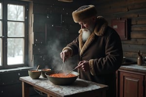 photorealistic image of Vladimir Lenin, circa 1930, cooking a traditional Soviet Russian soup (Borscht or Shchi) in a cold Siberian winter setting. He wears historically accurate clothing, including a fur hat and coat. The ambiance is dimly lit, with snow-covered trees and a wooden cabin in the background. Chronologically correct props and furniture. Color palette: muted, cold tones. Style: reminiscent of 1930s Soviet photography black and white grainy image.