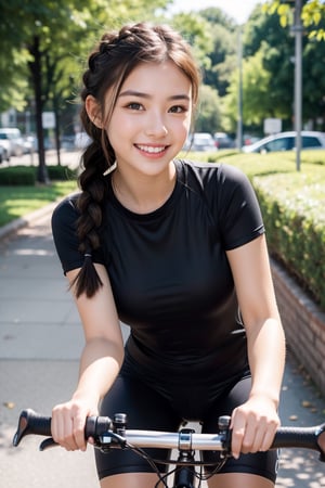 best work, beautiful 18 year old girl, natural thick eyebrows, long braided hair, black t-shirt, gray leggings, smiling face, cycling on the 