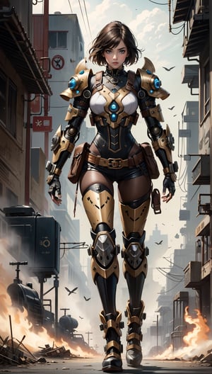 Illustration of a steampunk explorer in a post apocalyptic setting, surrounded by machine parts, mechanical UI, and post apocalyptic landscapes, Surreal steampunk Art Style, Influenced by Deviantart and Ghost in the Shell anime,Render 
,saint_cloth divine_armor