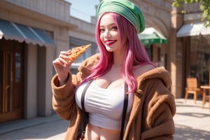 masterpiece, best quality, (natural huge breasts) , evil smile , bny1, 1girl, solo, purple eyes, pink hair, long hair, green headwear, vertical striped shorts, suspenders, white tank top, open jacket, belt, ((makeup)), eating, holding pizza, midriff, outdoors, scenery
