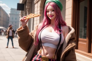 masterpiece, best quality, (natural huge breasts) , evil smile , bny1, 1girl, solo, purple eyes, pink hair, long hair, green headwear, vertical striped shorts, suspenders, white tank top, open jacket, belt, ((makeup)), eating, holding pizza, midriff, outdoors, scenery
