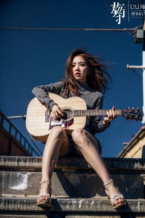 a woman sitting on steps holding a guitar, an album cover by Lü Ji, trending on cg society, neo-romanticism, anime aesthetic, lovely, enchanting
  ,3D , 8k
photorealistic