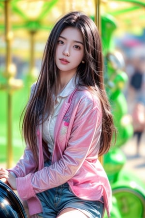 background is amusement park,
18 yo, 1 girl, beautiful chinese girl,
wearing white collared long sleeve shirts,short pants, smile,riding a merry-go-round, solo, {beautiful and detailed eyes}, dark eyes, calm expression, delicate facial features, ((model pose)), Glamor body type, (dark hair:1.2), very_long_hair, hair past hip, bangs, straight hair, flim grain, realhands, masterpiece, Best Quality, 16k, photorealistic, ultra-detailed, finely detailed, high resolution, perfect dynamic composition, beautiful detailed eyes, eye smile, ((nervous and embarrassed)), sharp-focus, full_body, cowboy_shot,