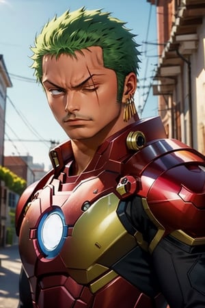post-time zoro, male focus, solo, 1boy,  muscular male, looking at viewer, three earrings left side, iron man armor,outdoors, upper body, close the left eye