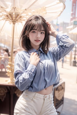 background is amusement park,
18 yo, 1 girl, beautiful korean girl,
wearing white collared long sleeve shirts,short jeans, smile,ride a merry-go-round, solo, {beautiful and detailed eyes}, dark eyes, calm expression, delicate facial features, ((model pose)), Glamor body type, (dark hair:1.2), simple tiny earrings, very_long_hair, hair past hip, bang, straight hair, flim grain, realhands, masterpiece, Best Quality, 16k, photorealistic, ultra-detailed, finely detailed, high resolution, perfect dynamic composition, beautiful detailed eyes, eye smile, ((nervous and embarrassed)), sharp-focus, full_body, cowboy_shot,
nsfw,