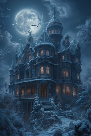 A decrepit, Gothic-style mansion stands eerily lit by the radiant glow of a full moon, its turrets and gargoyles reaching towards the dark sky like skeletal fingers. A swarm of bats emerges from the crumbling chimney, their leathery wings fluttering in unison as they take to the night air.,Frozen,FluxBoost