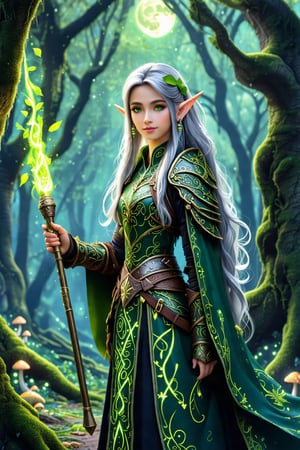 "A mystical elf standing in an enchanted forest, surrounded by towering ancient trees covered in glowing moss and vines. The elf has pointed ears, delicate features, and long flowing silver hair, wearing intricately woven green and gold armor adorned with natural elements like leaves and vines. The elf's piercing, bright green eyes gleam with wisdom and magic. In their hand, they hold a glowing staff with swirling runes, casting a soft light. Soft rays of moonlight filter through the forest canopy, illuminating patches of flowers and mushrooms that emit a faint glow, enhancing the magical atmosphere.",belle