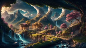 create an image of a landscape inspired by Greek mythology. The scene should feature a lush, verdant valley with ancient temples and statues of gods and goddesses scattered throughout. Include a crystal-clear river winding through the landscape, with Mount Olympus majestically rising in the background. The sky should be a brilliant blue with a few fluffy clouds, and mythical creatures like centaurs or nymphs can be subtly incorporated to enhance the mythical atmosphere. In the middle, there should be a beautiful woman running forward with her hair flowing beautifully.",Futuristic room,Nature,fantasy00d