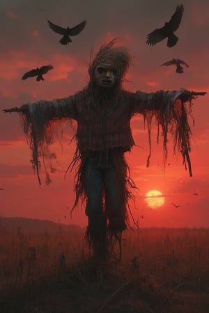 A haunting scarecrow standing in the middle of a desolate, windswept field at dusk. Its tattered, straw-filled body is clothed in a ragged, old flannel shirt and torn pants, with straw poking out from every seam. The scarecrow's head is a weathered burlap sack, with crudely stitched eyes and a twisted, sinister grin. Its long, wooden arms stretch out from a wooden post, with scraps of fabric fluttering in the cold wind. Crows circle ominously above, silhouetted against the blood-red sky, as the setting sun casts long shadows across the field. The atmosphere is eerie and unsettling, with a sense of foreboding hanging in the air.