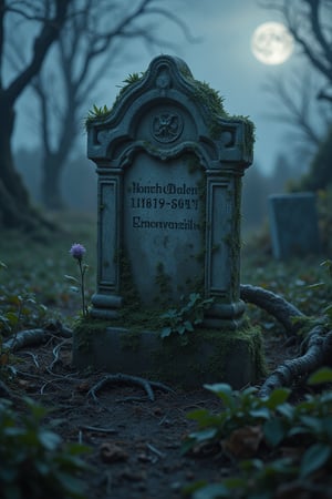 A solitary, weathered tombstone standing in a misty, overgrown graveyard under a dark, cloudy sky. The tombstone is covered in moss and worn engravings, with cracks along its edges, showing its age. The ground around it is uneven, with twisted roots and wilted flowers scattered nearby. A faint, eerie mist drifts across the ground, and dead, leafless trees loom in the background. Soft moonlight filters through the clouds, casting shadows that add a haunting atmosphere to the scene. The air feels heavy and still, with an unsettling silence, creating a mood of mystery and quiet melancholy.,Enhanced all,FluxBoost