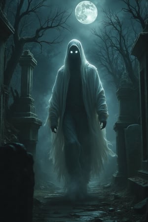 A haunting phantom drifting silently through a forgotten, mist-covered graveyard in the dead of night. The figure is cloaked in a long, flowing shroud that billows as it moves, appearing almost weightless. Its face is hidden in shadow, with faint, glowing eyes piercing through the darkness. Around it, faint tendrils of mist swirl, merging with its ethereal form. Crumbling tombstones and twisted, dead trees surround the phantom, illuminated only by a pale moon casting eerie shadows across the scene. The atmosphere is thick with silence and an unsettling chill, as if time itself has paused in the presence of this ghostly apparition.FluxBoost