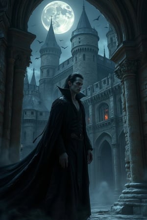 A dark and ominous vampire standing in the shadows of an ancient, gothic castle. He has pale, almost translucent skin, sharp, gleaming fangs, and piercing red eyes that glow in the moonlight. His long, flowing black cloak flutters in the cold night breeze as he steps out from the shadows. His sleek, aristocratic appearance is both menacing and elegant, with sharp, angular features and long, slicked-back hair. The eerie atmosphere is filled with swirling mist, with the full moon casting an eerie glow over the castle's towering spires and crumbling stone walls. Bats fly overhead, and the cold wind whispers through the night, adding to the sense of danger and dark allure.