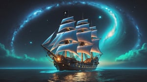 (Pirate ship sailing into a bioluminescence sea with a galaxy in the sky), epic, 4k, ultra,firefliesfireflies,more detail XL,Leonardo Style,night sky,action shot