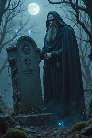 Hades, the god of the underworld, standing ominously beside an ancient, weathered tombstone in a shadowy graveyard. His figure is tall and imposing, cloaked in dark robes that flow like smoke around him. His face is partially hidden, revealing piercing, intense eyes that seem to glow with a supernatural light. The tombstone beside him is cracked and covered in dark vines, engraved with ancient symbols, while wisps of ghostly blue fire flicker around it. The ground is foggy and desolate, with twisted, leafless trees and a dim, haunting moon casting eerie shadows. The atmosphere is filled with dread, as Hades’ presence dominates the scene with a powerful, otherworldly energy