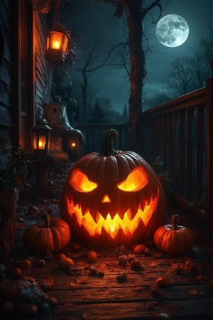 A spooky Halloween scene featuring a glowing, carved pumpkin with a sinister grin, sitting on a rustic wooden porch surrounded by autumn leaves. The pumpkin's eerie, flickering light casts shadows across its carved eyes and jagged mouth, giving it a creepy yet festive feel. Around it, smaller pumpkins, cobwebs, and scattered candy add to the Halloween atmosphere. In the background, dimly lit lanterns and ghostly decorations hang from an old, creaky fence. The night sky is dark with a full moon casting a pale glow, enhancing the mysterious and haunted vibe of Halloween night.