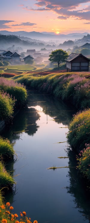 Vibrant oil on canvas, capturing the warm hues of a sunset at the serene rice fields near a quaint village, where rustic wooden houses seemingly blend into the lush greenery. Soft, feathery brushstrokes evoke a sense of tranquility, as the sky is set ablaze with burnt oranges, fiery reds, and deep purples, reflected in the glistening water-filled paddies. The air is thick with the scent of blooming wildflowers, and the atmosphere is tranquil, with hints of golden light dancing across the scene, inviting the viewer to step into this idyllic world.

