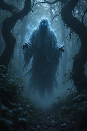 A mysterious, ghostly phantom hovering in the dark depths of an ancient, mist-filled forest at midnight. The figure is semi-transparent, with flowing, tattered robes that seem to merge with the mist around it. Its face is obscured by shadows, with only faintly glowing, hollow eyes visible, adding a sense of eerie menace. Wisps of ethereal light swirl around the phantom, illuminating the twisted branches of nearby trees and casting haunting shadows. The forest is silent, save for the soft rustle of leaves and distant, unsettling whispers. The atmosphere is dark and chilling, filled with an ominous, supernatural energy.FluxBoost