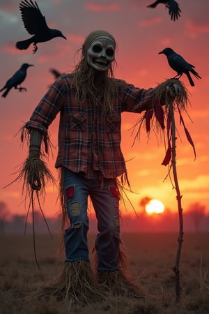 A haunting scarecrow standing in the middle of a desolate, windswept field at dusk. Its tattered, straw-filled body is clothed in a ragged, old flannel shirt and torn pants, with straw poking out from every seam. The scarecrow's head is a weathered burlap sack, with crudely stitched eyes and a twisted, sinister grin. Its long, wooden arms stretch out from a wooden post, with scraps of fabric fluttering in the cold wind. Crows circle ominously above, silhouetted against the blood-red sky, as the setting sun casts long shadows across the field. The atmosphere is eerie and unsettling, with a sense of foreboding hanging in the air.,Fantasy detailers 