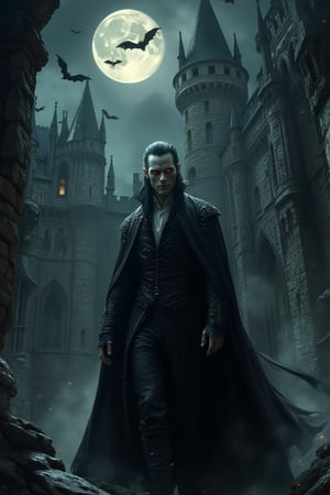 A dark and ominous vampire standing in the shadows of an ancient, gothic castle. He has pale, almost translucent skin, sharp, gleaming fangs, and piercing red eyes that glow in the moonlight. His long, flowing black cloak flutters in the cold night breeze as he steps out from the shadows. His sleek, aristocratic appearance is both menacing and elegant, with sharp, angular features and long, slicked-back hair. The eerie atmosphere is filled with swirling mist, with the full moon casting an eerie glow over the castle's towering spires and crumbling stone walls. Bats fly overhead, and the cold wind whispers through the night, adding to the sense of danger and dark allure.