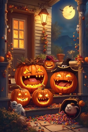 A humorous Halloween scene featuring a group of silly, cartoonish pumpkins with exaggerated, goofy expressions, all gathered around on a brightly decorated front porch. One pumpkin has a lopsided grin, while another is making a funny face with its tongue sticking out. They're wearing tiny costumes—like a pirate hat, a witch’s broom, and fake glasses. Around them are cheerful Halloween decorations, like friendly ghosts and colorful candy spilling from a tipped-over cauldron. The scene is well-lit, colorful, and festive, with a big, happy moon smiling down from the sky, creating a lighthearted and playful Halloween vibe.