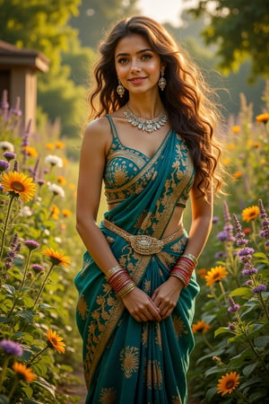 A serene Russian beauty posing in a lush greenery garden setting, adorned with a sparkling diamond necklace. The gentle breeze rustles the various flowers surrounding her, including daisies, sunflowers, and lavender, as she elegantly wears a saree featuring intricate golden designs. Her long, curly hair cascades down her back like a waterfall, complementing her hourglass figure. The soft, warm lighting and vibrant colors evoke a sense of tranquility and romance.