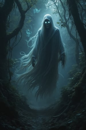 A mysterious, ghostly phantom hovering in the dark depths of an ancient, mist-filled forest at midnight. The figure is semi-transparent, with flowing, tattered robes that seem to merge with the mist around it. Its face is obscured by shadows, with only faintly glowing, hollow eyes visible, adding a sense of eerie menace. Wisps of ethereal light swirl around the phantom, illuminating the twisted branches of nearby trees and casting haunting shadows. The forest is silent, save for the soft rustle of leaves and distant, unsettling whispers. The atmosphere is dark and chilling, filled with an ominous, supernatural energy.FluxBoost