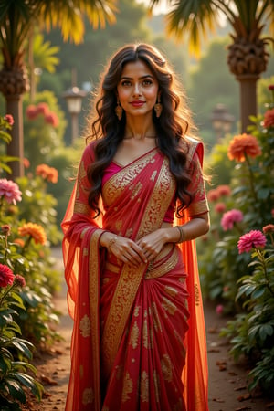 In a serene Russian-inspired setting, a lovely young woman stands amidst a lush garden filled with diverse blooms. She wears a vibrant saree adorned with intricate golden designs, her long, curly locks cascading down her back like a waterfall of night. The soft focus and warm lighting evoke a sense of intimacy and tranquility, as if the viewer is privy to a private moment in this idyllic atmosphere.