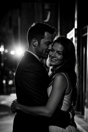 A man hugs a girl and feels happy. Urban black and white style, like in the movie "Sin City". Use harsh side lighting and strong contrasting shadows. Give your images a tough, slightly rough look.

