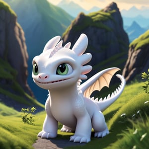How to Train Your Dragon,small Light Fury,cute,sunshine,grasslands,, dragon,mountain