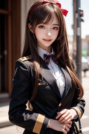 1girl, solo, long hair, looking at the viewer, smiling, bangs, brown hair,  military uniform, pencil skirt, outdoors,, bow, ribbon, hair ribbon,  hairband,  parted lips,  bowtie, lips,  bow,  ribbon, realistic,