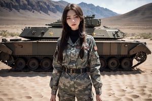 a 20 yo woman, upper body, smile, Tight-fitting military uniform, camouflage military uniform,camouflage, long sleeves and long pants, medium breast, in the desert , stand in front of a huge tank  direct lighting,  long hair,  soothing tones,  high contrast,  (natural skin texture,  hyperrealism,  soft light,  sharp), chromatic_background, simple background, Detailedface, Detailed eyes, Detailedface,MRRPSS, blurry_background