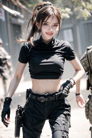 1girl, solo, long hair, looking at the viewer, smile, laugh,  bangs, brown hair, realistic, ponytail, open mouth, gloves, holding, weapon,  realistic, short sleeves, boots, black gloves, pants, fingerless gloves, black footwear, holding weapon, blurry, gun, military, black shirt, blurry background, black pants, holding gun, rifle, assault rifle, knee pads, one knee, combat boots, m16a4, Military,  elegance, masterpiece, earrings, realistic,  masterpiece, best quality, photorealistic, raw photo,  earrings, black eyes, lips, bow headband, lips, ribbon, realistic, parted lips, lips, ribbon, realistic, blurry background,Military,Taskforce,perfect