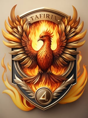 Masterpiece, realistic. High quality.
Badge. a symbol of a phoenix made of fire. With text: TA Anniversary