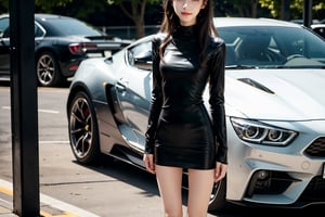 at night, a 20 yo woman, smile, laugh, long hair, medium breast, sexy, realistic,  bright sunny smile, parted lips, flower hair accessories,  face close up, ((Mock Neck Illusion Long Sleeve very short black minidress Black Leather)) , jewels. standing in a parking lot, sports car, at night, masterpiece, best quality, photorealistic, raw photo,  Standing,  with direct lighting, long hair, soothing tones, high contrast, (natural skin texture, hyperrealism, soft light, sharp), chromatic_background, Detailedface, Detailed eyes, Detailedface, blurry background, realistic ,Car,Sports car,super car