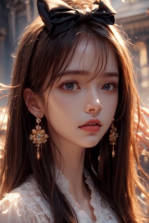 1girl, solo, long hair, looking at the viewer, smile, bangs, brown hair, realistic, (masterpiece, best quality, CGI, official art:1.2),  (masterpiece, top quality, best quality, official art, beautiful and aesthetic:1.2), (1girl), extremely detailed, Movie Still, Film Still, perfect lighting, vivid colors, scenery, victorian, Cinematic, masterpiece, best quality, photorealistic, raw photo, earrings, black eyes, lips, bow headband, lips, ribbon, realistic, parted lips, lips, ribbon, realistic, blurry background,Anime