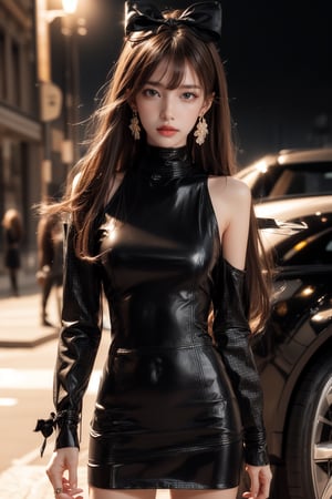 at night, night, moon, city street, 1girl, solo, long hair, looking at the viewer, smile, bangs, brown hair, realistic, shoulders-long messy elegant hair. ((Mock Neck Illusion Long Sleeve very short black minidress Black Leather)) , jewels. standing, in the evening, sports car, at night, night, masterpiece, best quality, photorealistic, raw photo, earrings, black eyes, lips, bow headband, lips, ribbon, realistic, parted lips, lips, ribbon, realistic, blurry background,Car