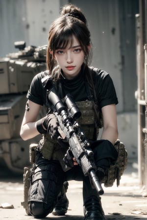 1girl, solo, long hair, looking at the viewer, smile, laugh,  bangs, brown hair, realistic, ponytail, open mouth, gloves, holding, weapon,  realistic, short sleeves, boots, black gloves, pants, fingerless gloves, black footwear, holding weapon, blurry, gun, military, black shirt, blurry background, black pants, holding gun, equipped with a ultrarealistic photorealistic detailed M60 machine gun, knee pads, one knee, combat boots, m16a4, Military,  elegance, masterpiece, earrings, realistic,  masterpiece, best quality, photorealistic, raw photo,  earrings, black eyes, lips, bow headband, lips, ribbon, realistic, parted lips, lips, ribbon, realistic, blurry background,Military,Taskforce