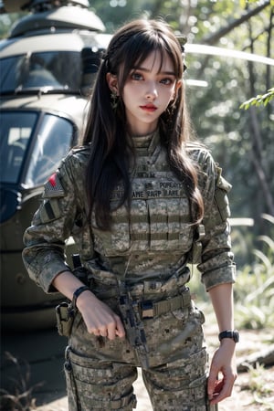 1girl, solo, long hair, smile, bangs, brown hair, reality, in the forest, in the jungle, military helicopter, aircraft, copter focus, slim body, soldier girl, wearing camouflage military uniform, long sleeves, long pants, highly detailed , lips, earrings, dark eyes, lips, bow headband, lips, ribbon, realistic, parted lips, lips, ribbon, realistic, blurred background, military,Military