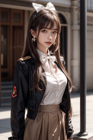 1girl, solo, long hair, looking at the viewer, smile, bangs, brown hair,  realistic, skirt, jacket, military uniform, pencil skirt, clothes lift, skirt lift, dress lift, realistic, medium breasts, earrings, black eyes, lips, bow headband, blurry, lips, blurry background, ribbon, realistic, parted lips, lips, bow, ribbon, realistic,